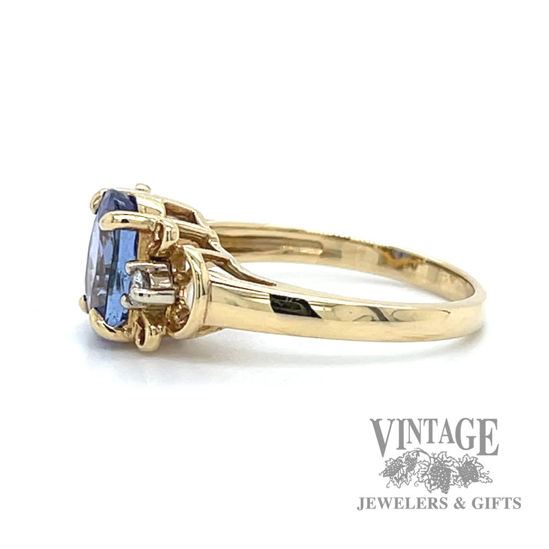 Oval Tanzanite and diamond 14k gold 3 stone ring left