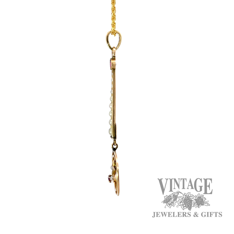 Antique 10k gold, ruby pearl and dove lavalier pendant. side