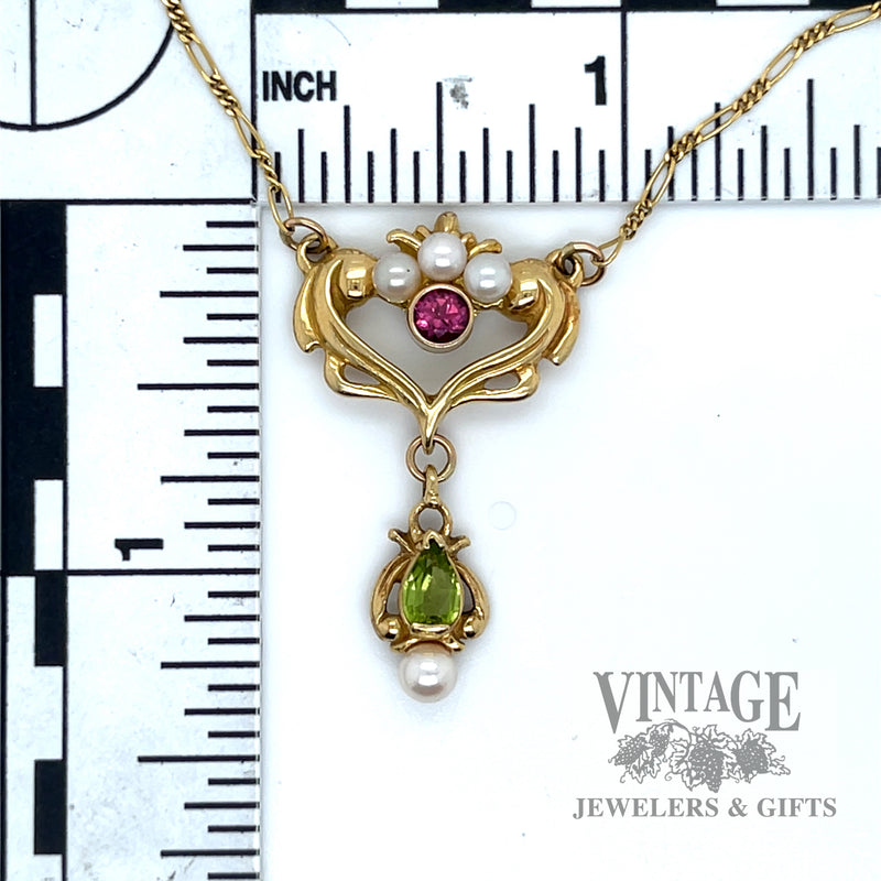 Art Nouveau pink tourmaline, peridot, and pearl Lavalier 18k gold Necklace scale