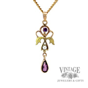 Antique 10k gold amethyst and pearl lavalier pendant.