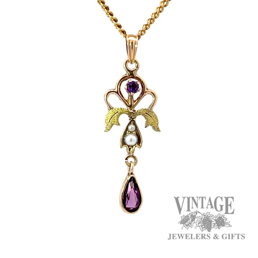 Antique 10k gold amethyst and pearl lavalier pendant.