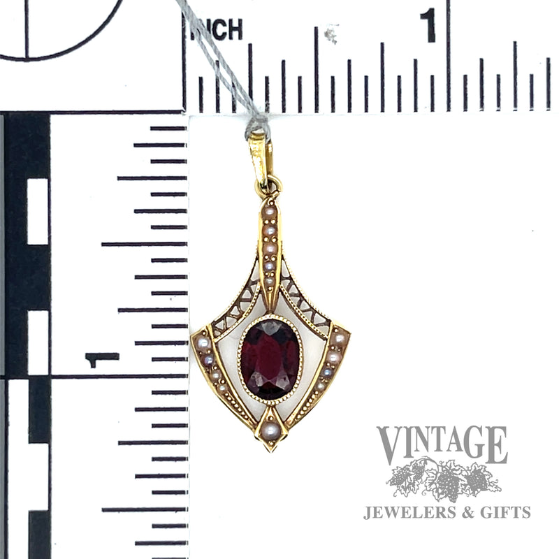 Antique Art Nouveau Lavalier Garnet and Seed Pearl 14k gold Pendant