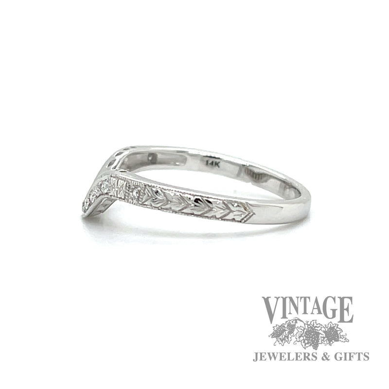 Engraved Chevron Style Natural Diamond 14k white gold ring .09ct left