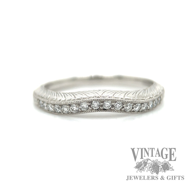 engraved Stackable Natural Diamond 14k white gold ring  Macro