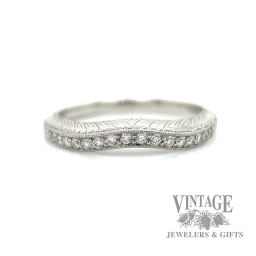 engraved Stackable Natural Diamond 14k white gold ring  Macro