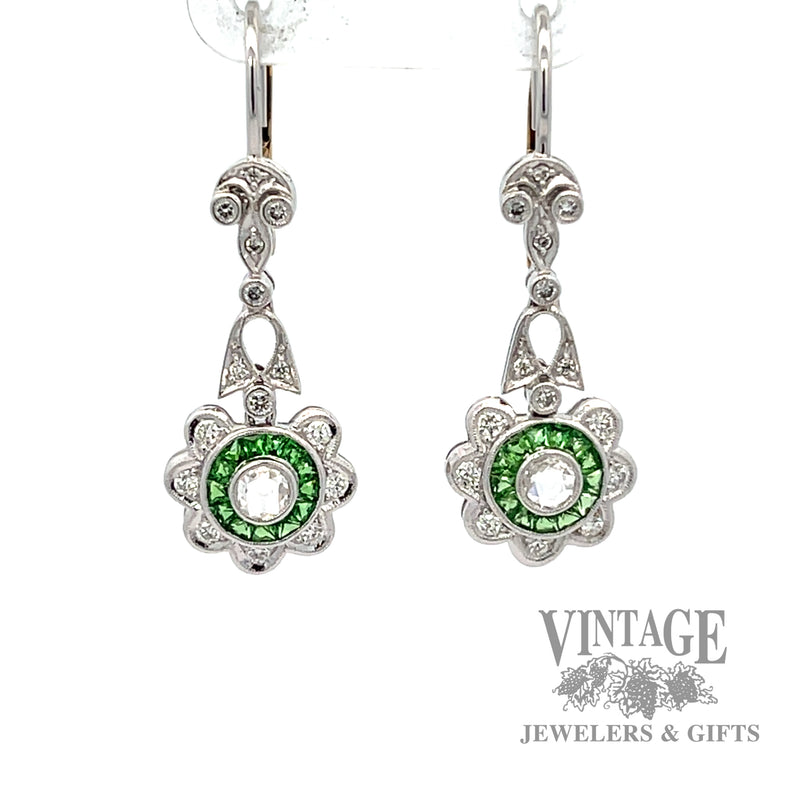 Floral Designed Dangle Style Natural diamond and green tsavorite earrings