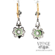 Floral Designed Dangle Style Natural diamond and green tsavorite earrings back
