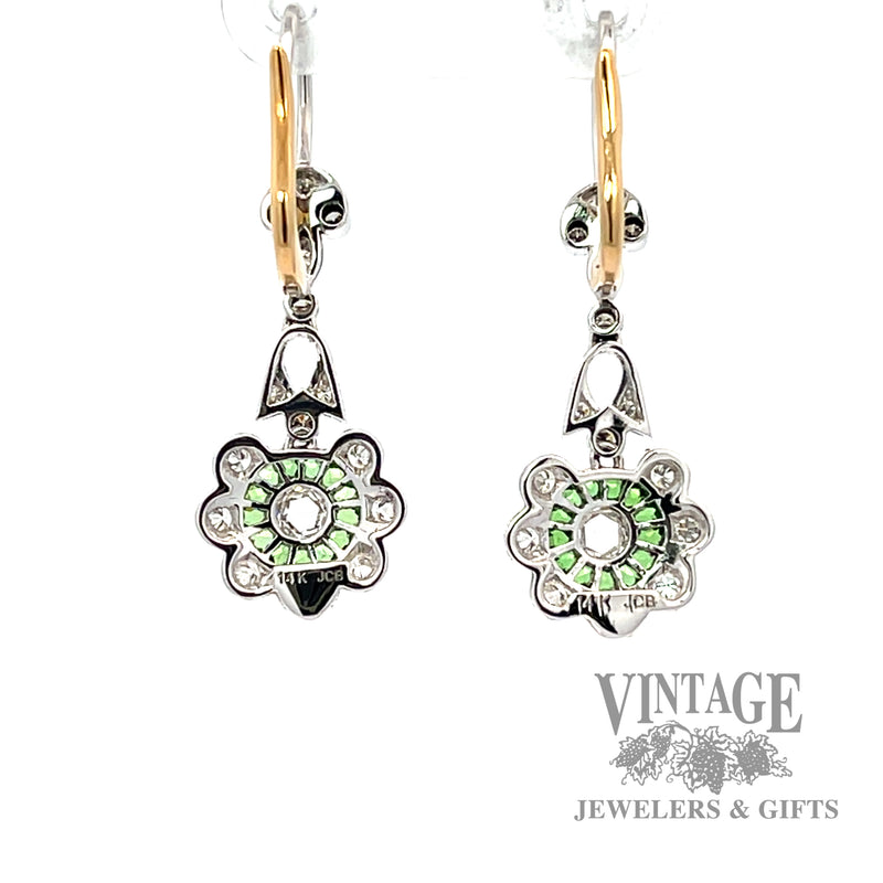 Floral Designed Dangle Style Natural diamond and green tsavorite earrings back
