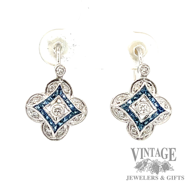 Natural Diamond and Blue Sapphire 14k Two Toned Lever Back Earrings