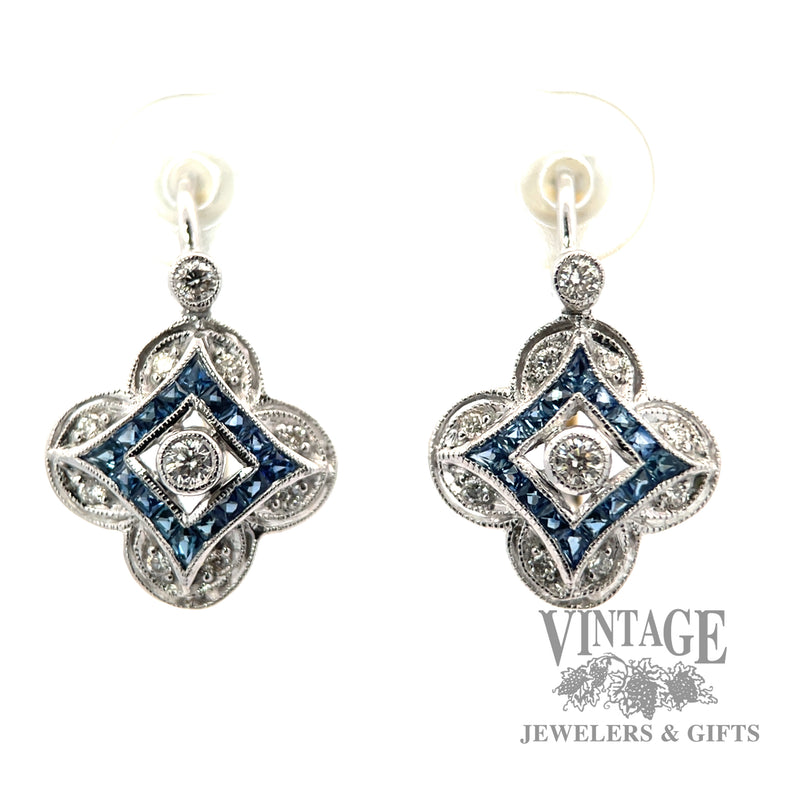 Natural Diamond and Blue Sapphire 14k Two Toned Lever Back Earrings