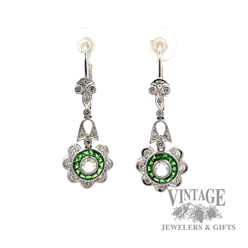 Vintage inspired diamond and green tsavorite drop earrings