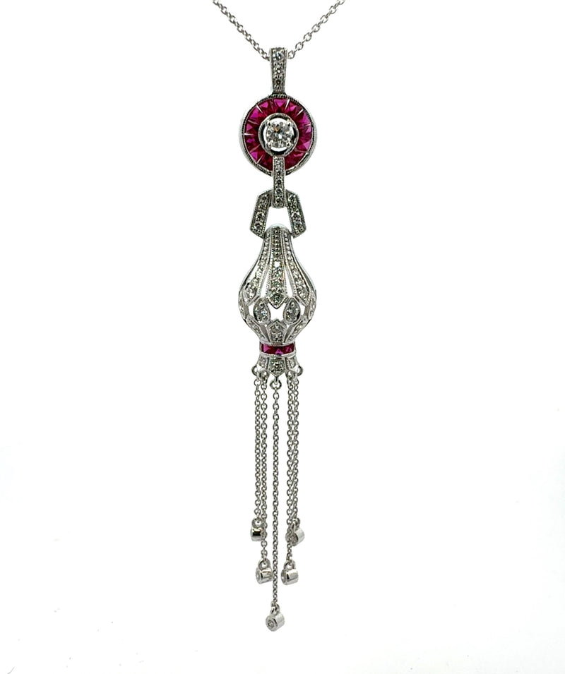 Chandelier style ruby and diamond 18" 14k white gold necklace