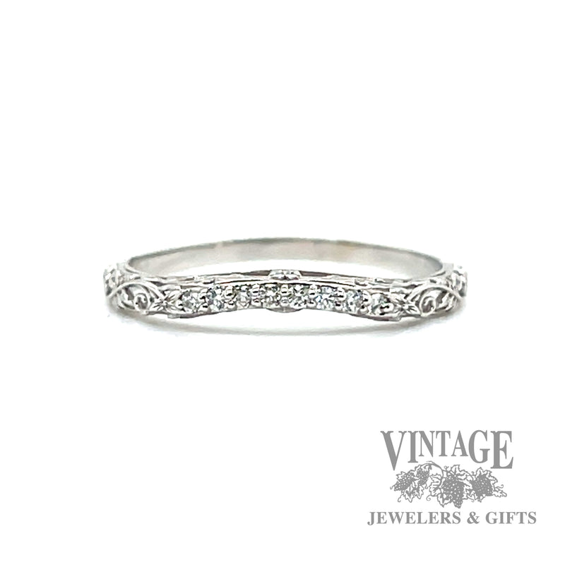 Engraved Stackable Natural Diamond 14k white Gold Ring .03ct 