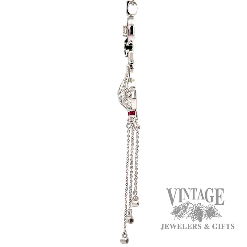 18" Chandelier style natural diamond and ruby 14k white gold pendant necklace left