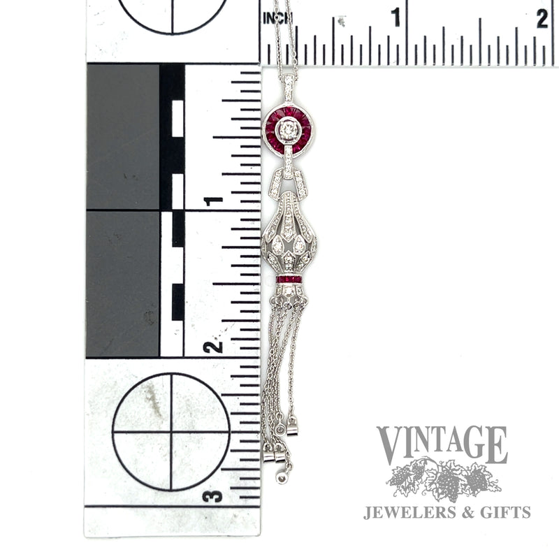 Chandelier style ruby and diamond 18" 14k white gold necklace