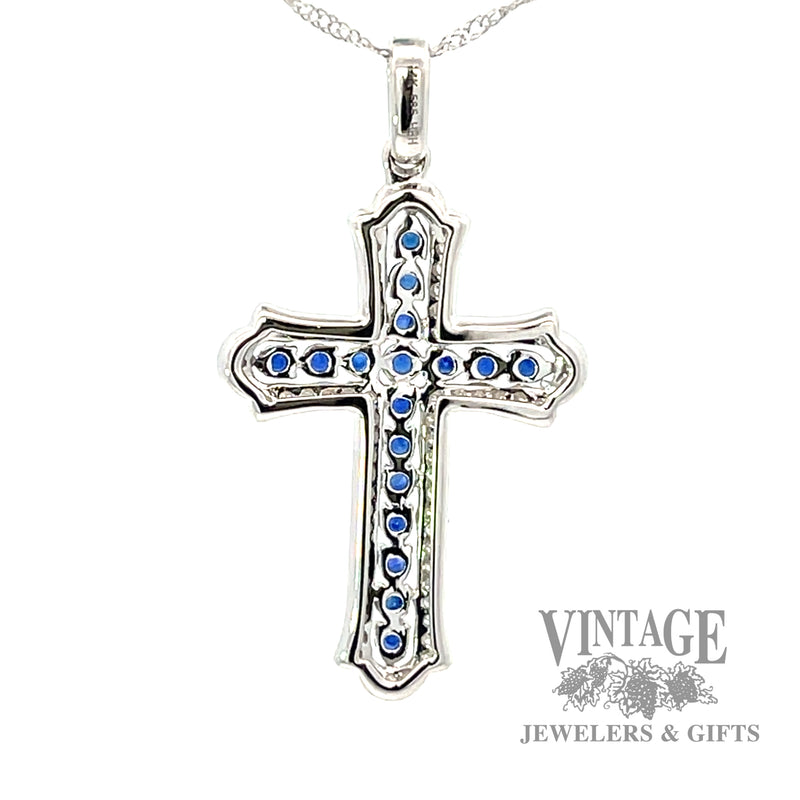 18" cross shaped natural diamond and blue sapphire necklace .7ctw back