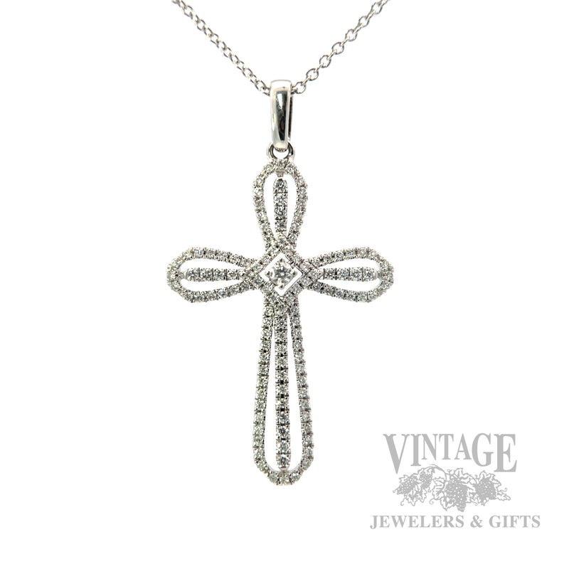Cross diamond pave 14k white gold 18" necklace