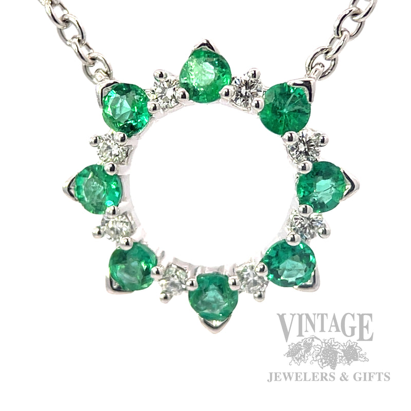 Emerald and diamond circlet 14k white gold 18" necklace front