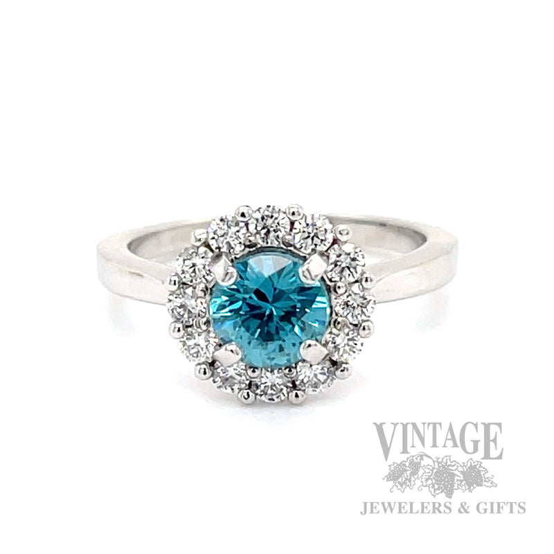 Blue Zircon 14k white gold and diamond halo ring