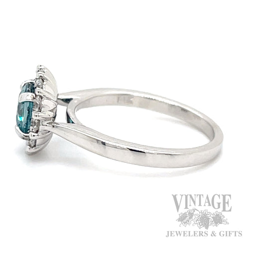 Blue Zircon 14k white gold and diamond halo ring side