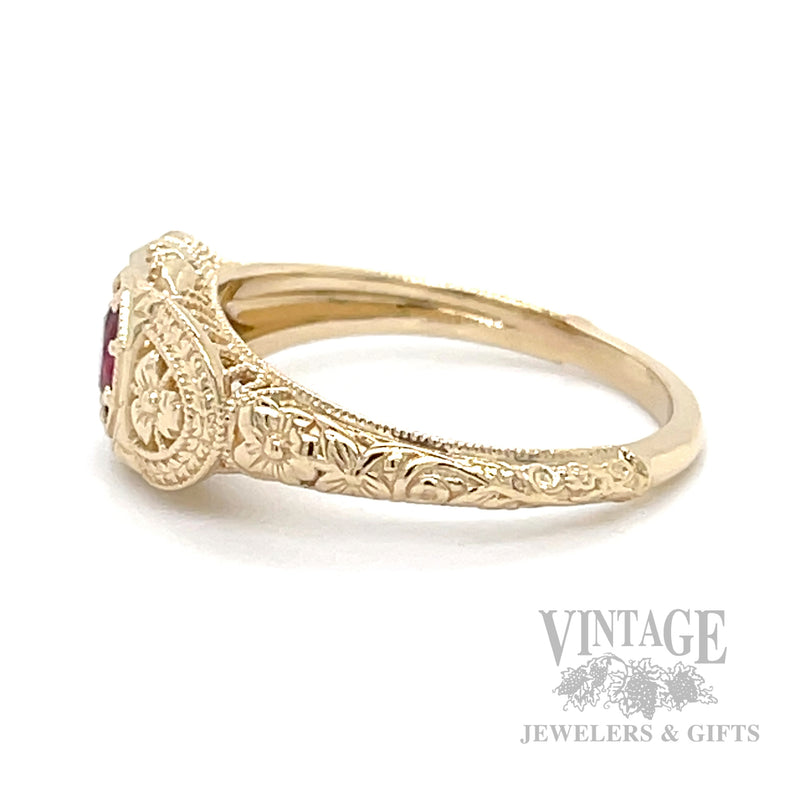 Unheated natural ruby 14k gold vintage inspired ring. side