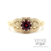 Unheated natural ruby 14k gold vintage inspired ring. close up ruby
