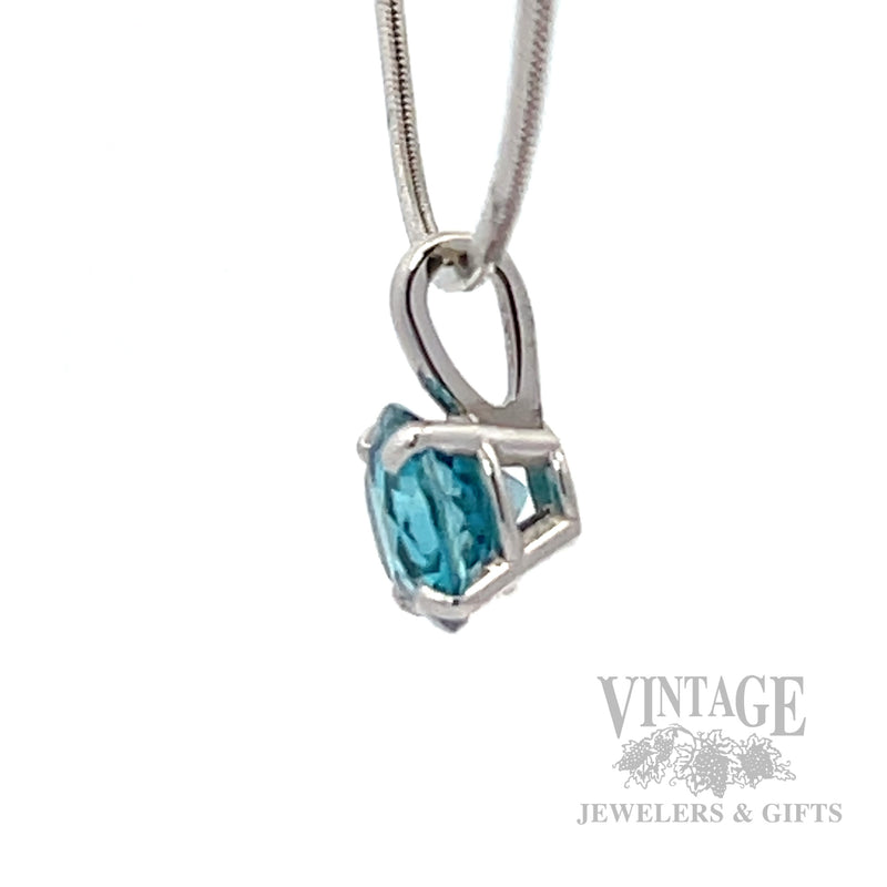 Blue Zircon 14k white gold solitaire pendant. side