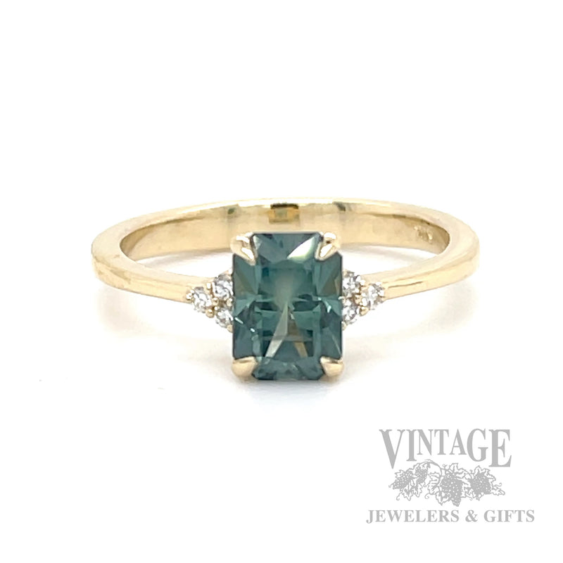Teal Montana natural sapphire and diamond 14k gold ring