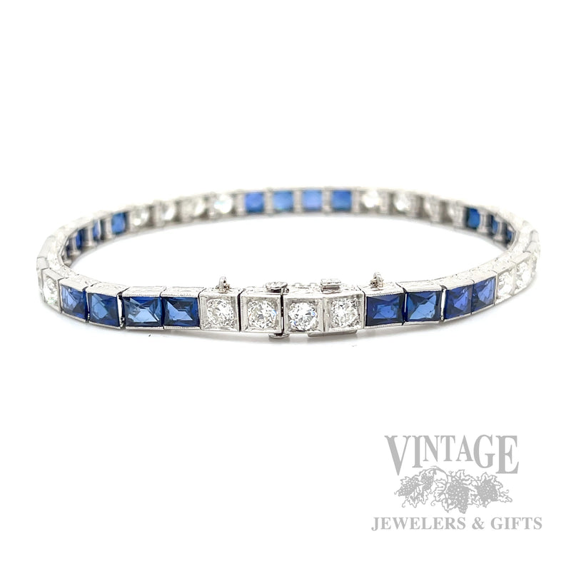 7" Antique diamond and sapphire hand engraved platinum bracelet.