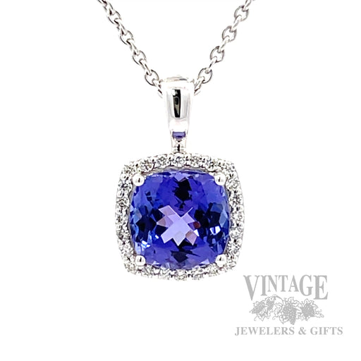 Cushion shaped tanzanite and diamond 14k white gold halo pendant front