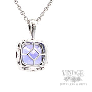 Cushion shaped tanzanite and diamond 14k white gold halo pendant back