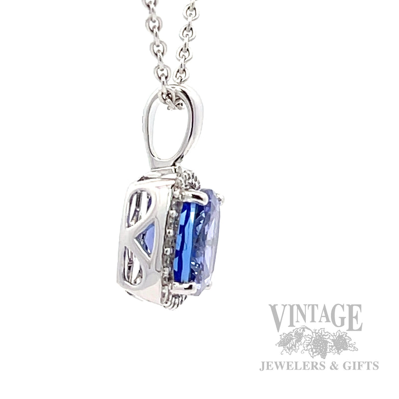Cushion shaped tanzanite and diamond 14k white gold halo pendant side