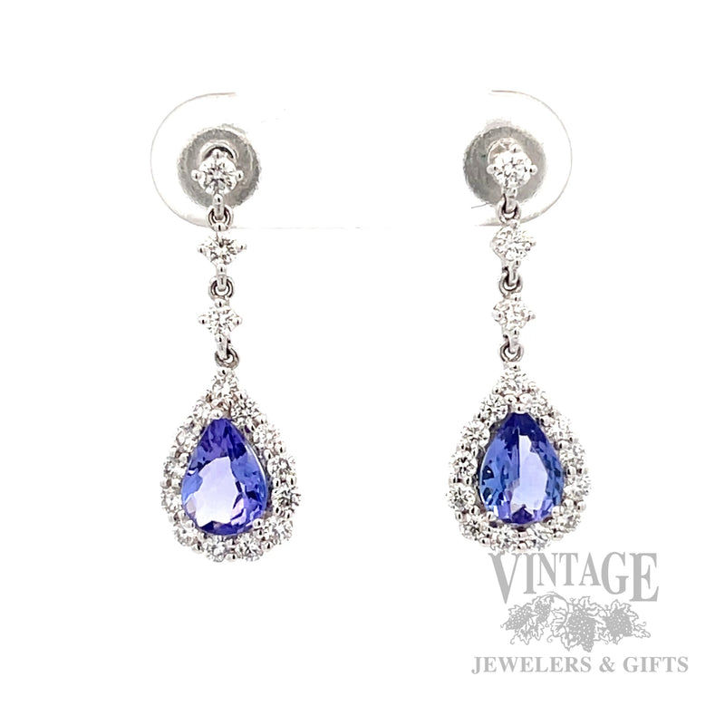 Tanzanite and diamond 14k white gold drop earrings front