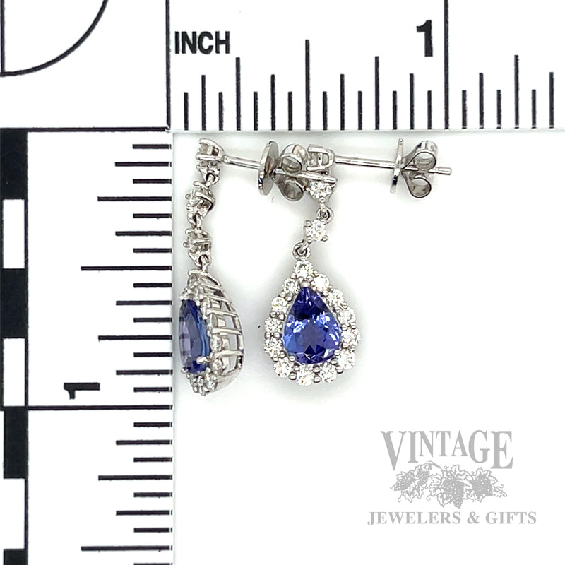 Tanzanite and diamond 14k white gold drop earrings scale