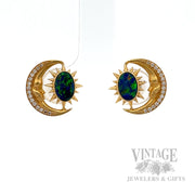 Crescent moon opal and diamond 18k gold stud earrings front