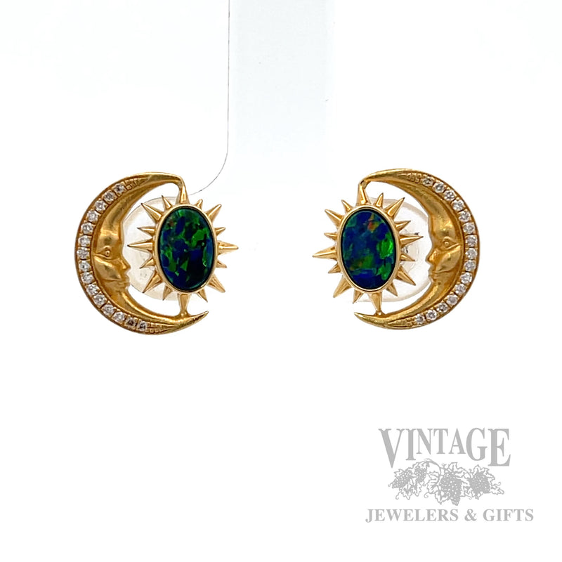 Crescent moon opal and diamond 18k gold stud earrings front