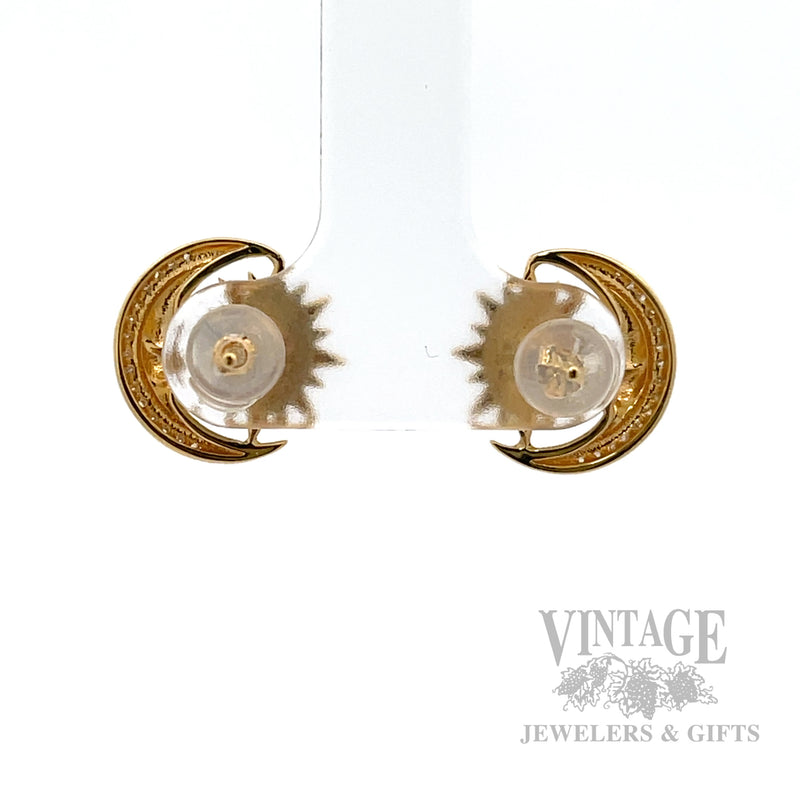 Crescent moon opal and diamond 18k gold stud earrings back