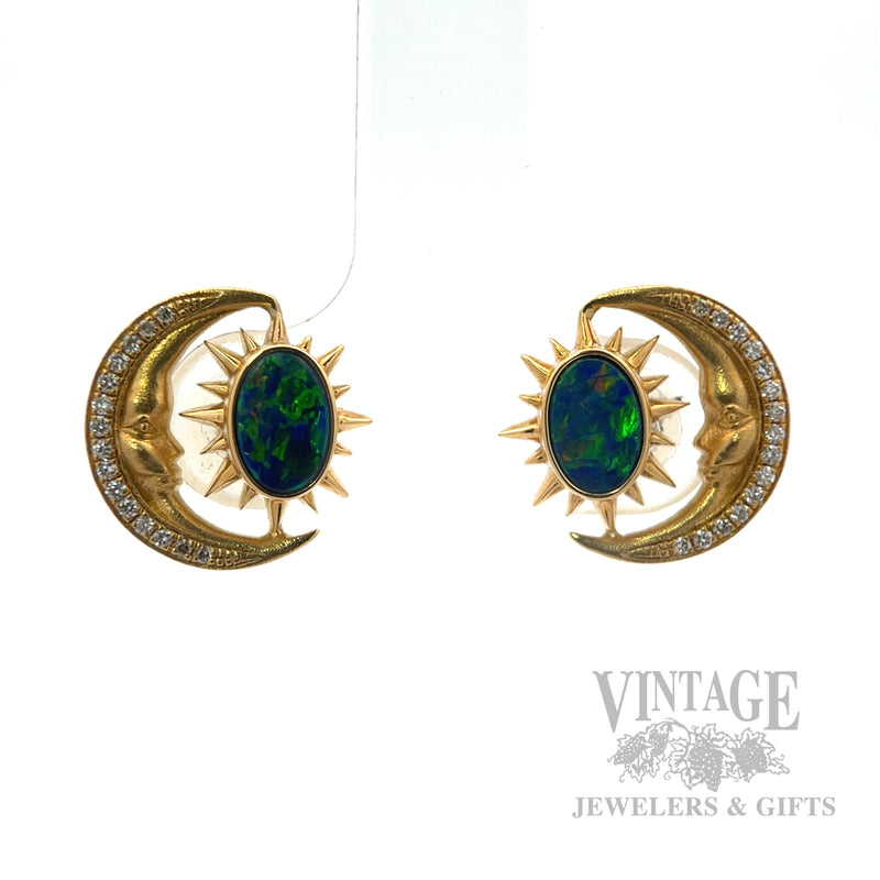 Crescent moon opal and diamond 18k gold stud earrings front