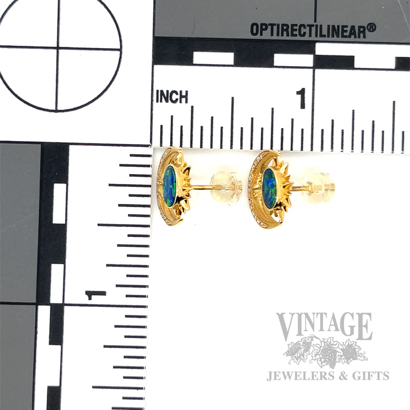 Crescent moon opal and diamond 18k gold stud earrings front