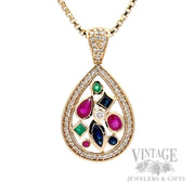 Ruby, emerald, sapphire and diamond pear shaped 14k gold pendant front