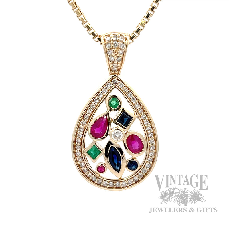 Ruby, emerald, sapphire and diamond pear shaped 14k gold pendant front