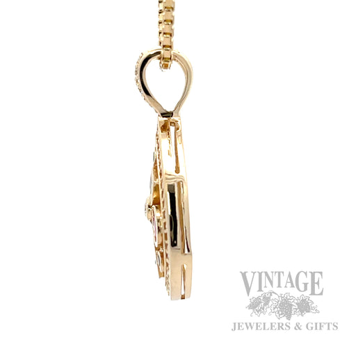 Ruby, emerald, sapphire and diamond pear shaped 14k gold pendant side