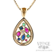 Ruby, emerald, sapphire and diamond pear shaped 14k gold pendant front