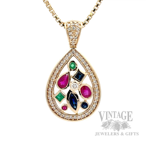 Ruby, emerald, sapphire and diamond pear shaped 14k gold pendant front