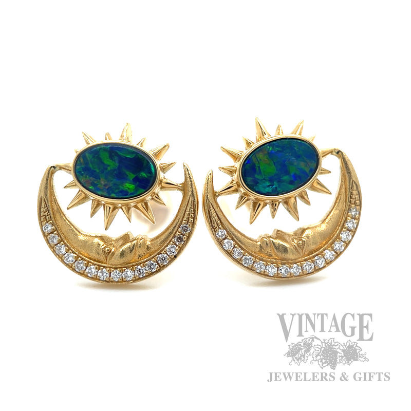 Crescent moon opal and diamond 18k gold stud earrings front