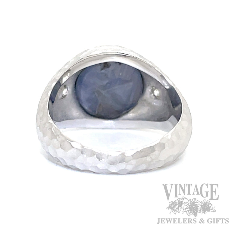 Natural Blue Star sapphire, diamond 14kw gold three stone hammered and satin finished ring bottom/inside