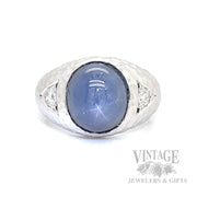 Natural Blue Star sapphire, diamond 14kw gold three stone hammered and satin finished ring top 2