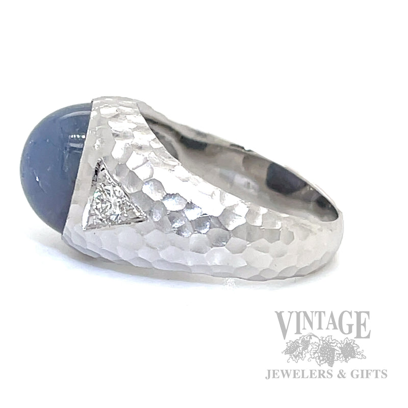 Natural Blue Star sapphire, diamond 14kw gold three stone hammered and satin finished ring side