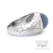 Natural Blue Star sapphire, diamond 14kw gold three stone hammered and satin finished ring side 2