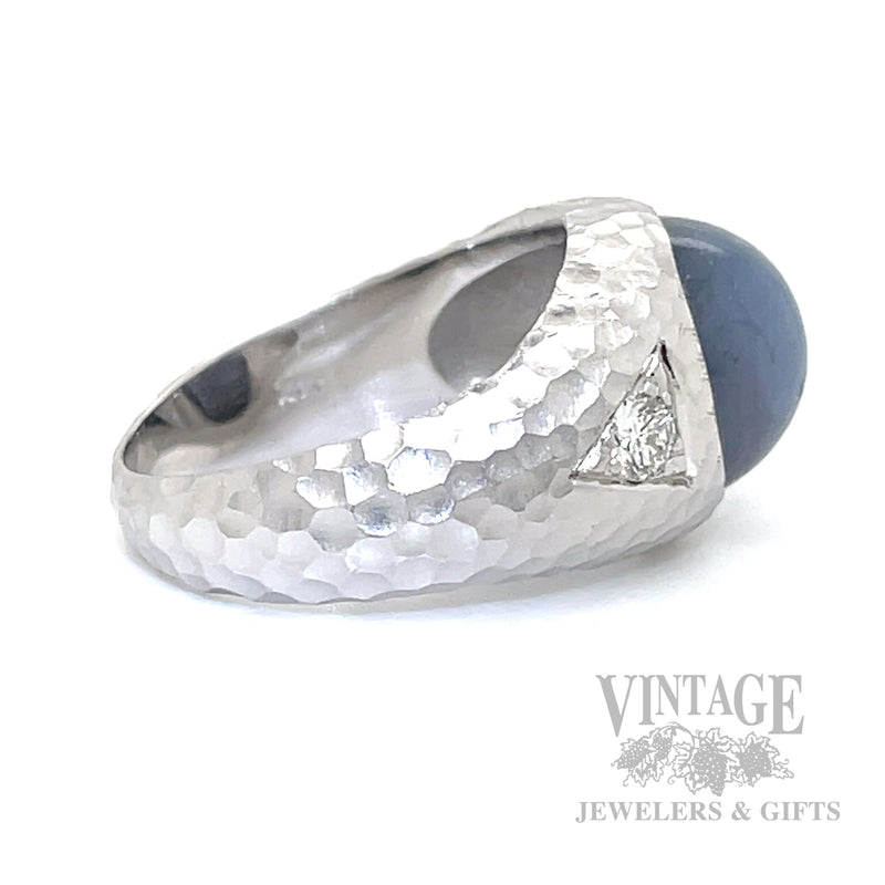 Natural Blue Star sapphire, diamond 14kw gold three stone hammered and satin finished ring side 2